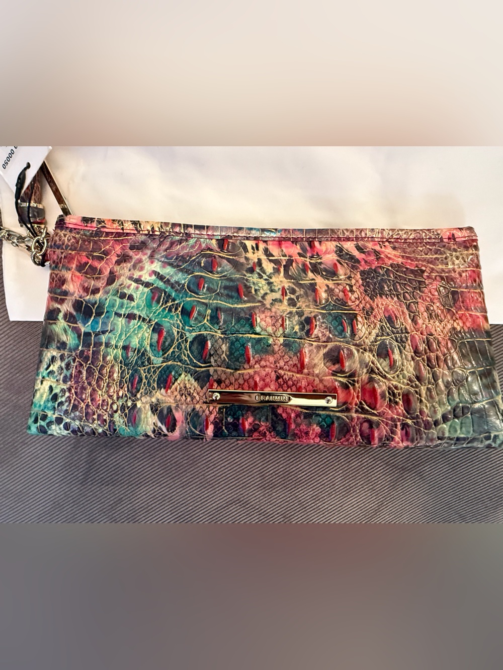 Brahmin Multicolor Teal Pink Green Croc-Embossed CLUTCH- NWT